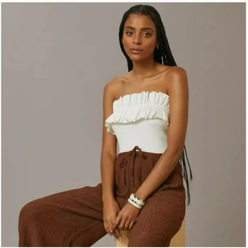 Anthropologie Maeve Poplin Ruffle Trim White Tube Off Shoulder Top Size MP - NEW